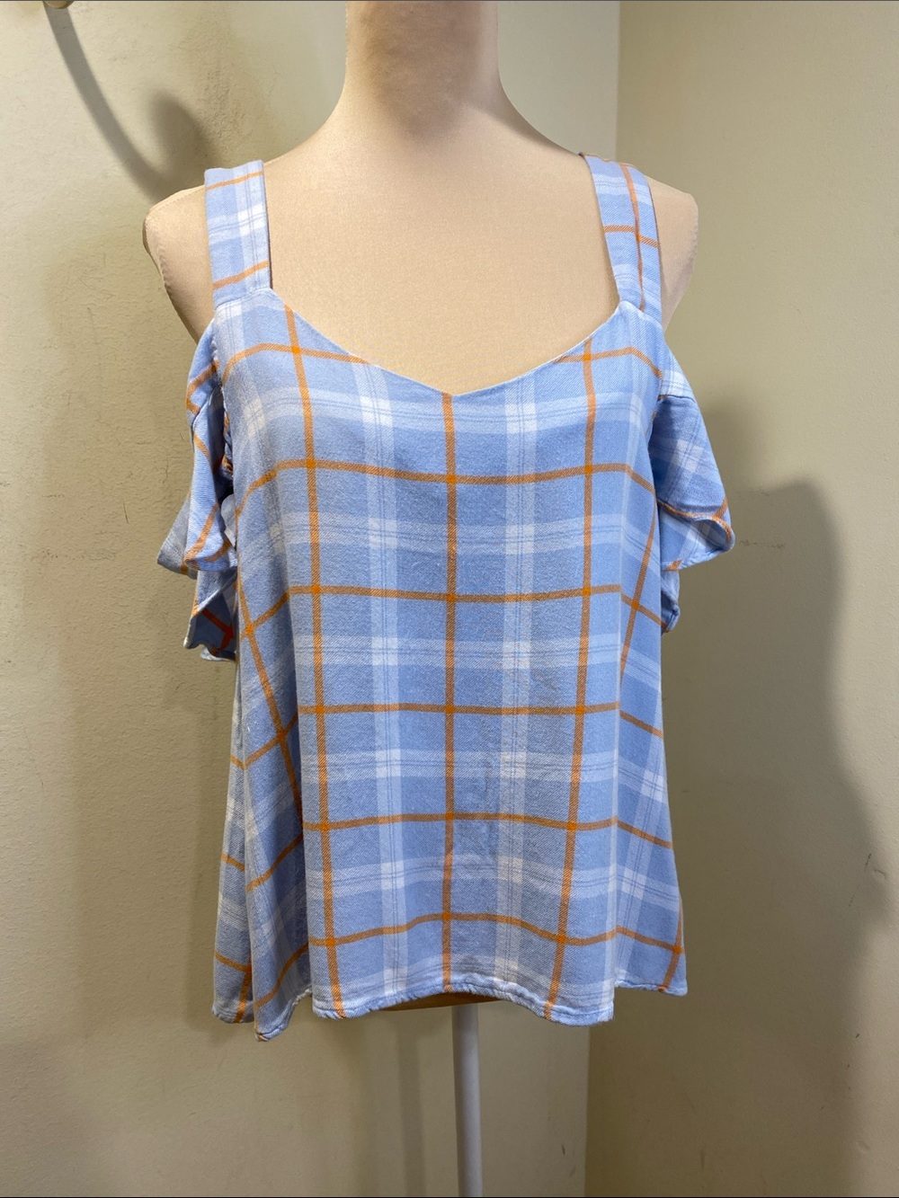 Sanctuary Blue Plaid Cold-Shoulder Camisole with Tan Windowpane Sz M